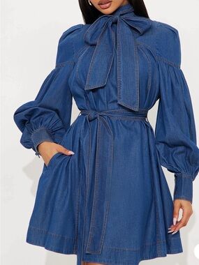 Blue Denim Tie-Neck Puff Sleeve Dress Size XL